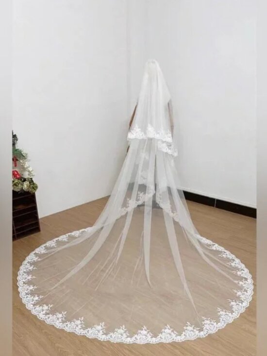 Lace-Edged Bridal Veil in White - Two-Tier Cathedral Style main image 5